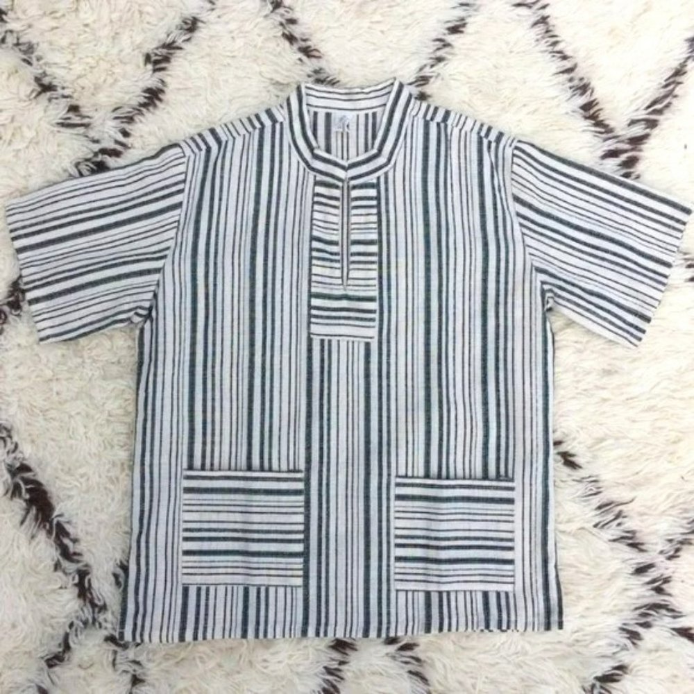 V-neck Striped Top with Stand Collar